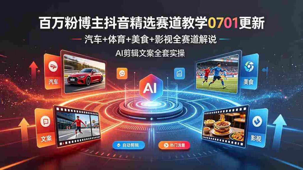 （19144期）百万粉博主抖音精选赛道教学-0701更新，汽车+体育+美食+影视全赛道解说，AI剪辑文案全套实操