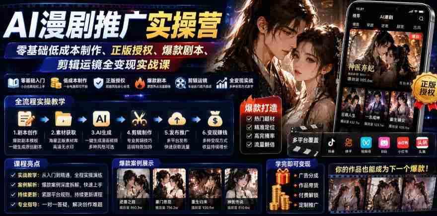 AI漫剧推广实操营｜零基础低成本制作、正版授权、爆款剧本、剪辑运镜全变现实战课