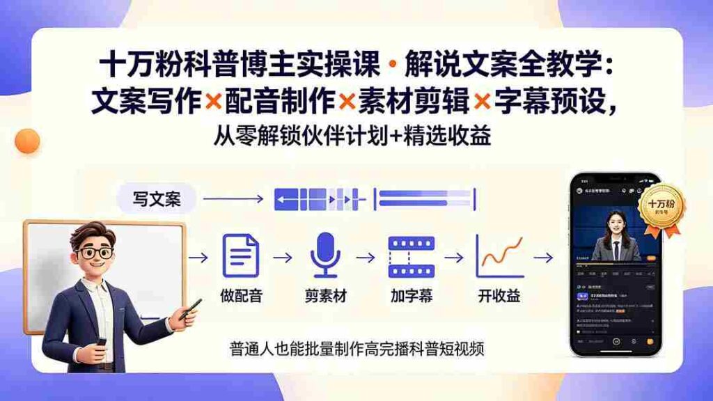 （19275期）10万粉科普博主实操课-解说文案全教学：文案写作×配音制作×素材剪辑×字幕预设，从零解锁伙伴计划+精选收益