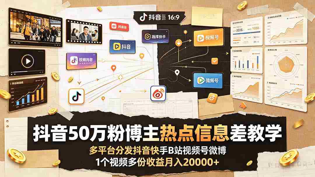 （19145期）抖音50万粉博主热点信息差教学：多平台分发抖音快手B站视频号微博，1个视频多份收益月入20000+