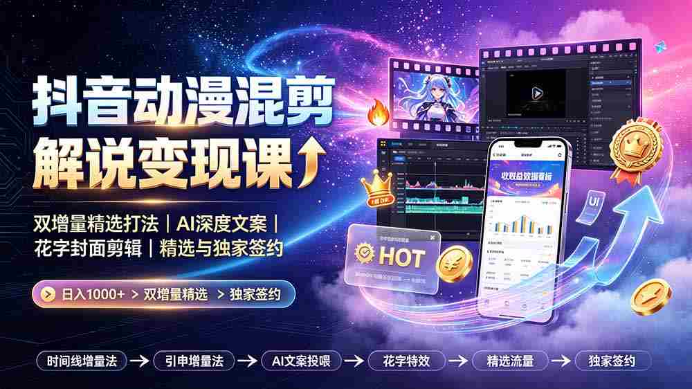 （19311期）抖音动漫混剪解说变现课：双增量精选打法｜AI深度文案｜花字封面剪辑｜ 精选与独家签约日入1000+