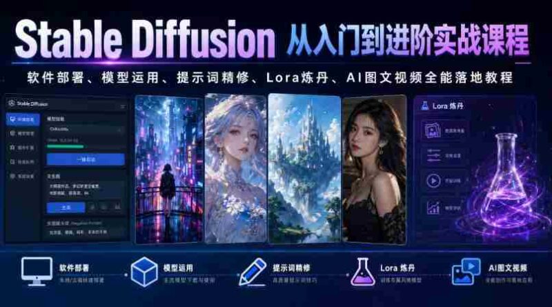 Stable Diffusion从入门到进阶实战课程|软件部署、模型运用、提示词精修、Lora炼丹、AI图文视频全能落地教程-中创网,冒泡网,福缘网创业项目大全-创安网