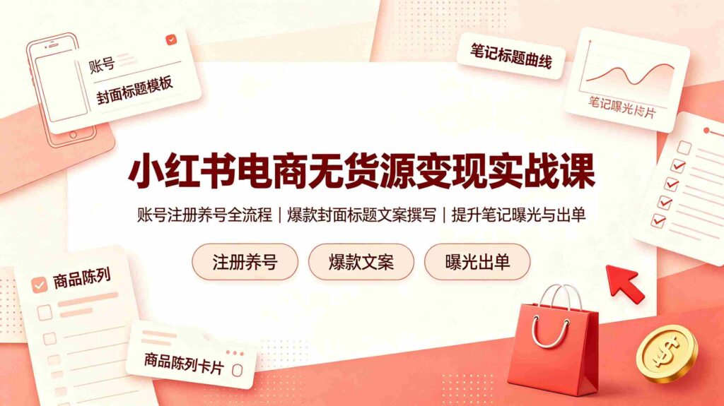 （19212期）小红书电商无货源变现实战课，账号注册养号全流程，爆款封面标题文案撰写提升笔记曝光与出单