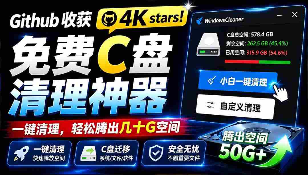 （19528期）Github收获 4K stars！免费C盘清理神器，轻松腾出几十G空间，支持C盘迁移 Windows Cleaner
