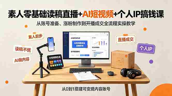 （19232期）素人零基础读稿直播+AI短视频+个人IP搞钱课，从账号准备、涨粉制作到开播成交全流程实操教学