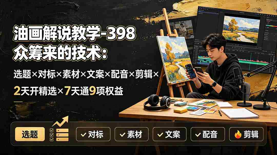 （19527期）油画解说教学-398众筹来的技术：选题×对标×素材×文案×配音×剪辑×2天开精选×7天通9项权益