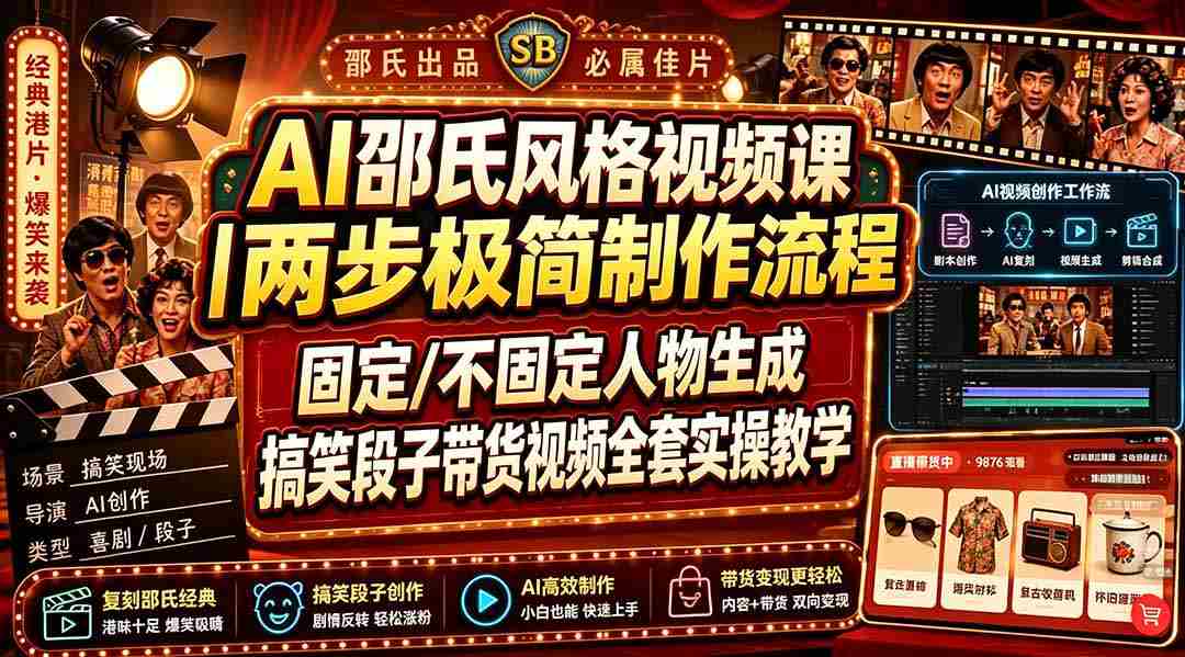 （19602期）AI邵氏风格视频课｜两步极简制作流程，固定/不固定人物生成，搞笑段子带货视频全套实操教学
