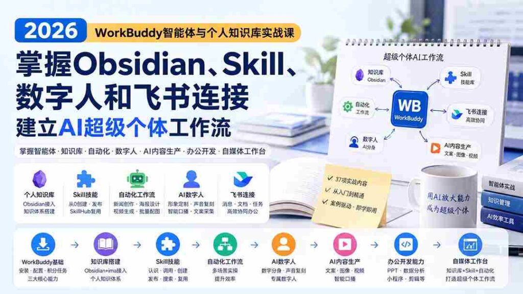 （20169期）2026 WorkBuddy智能体与个人知识库实战课：掌握Obsidian、Skill、数字人和飞书连接，建立AI超级个体工作流