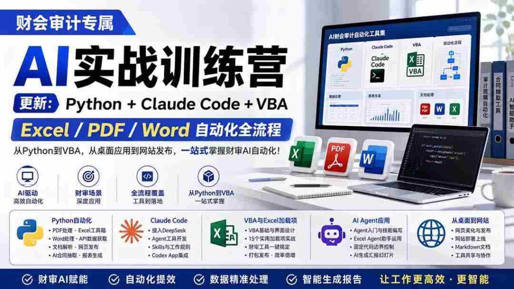 （19887期）财会审计专属 AI实战训练营：Python+Claude Code+VBA，Excel/PDF/Word自动化全流程 (更新)