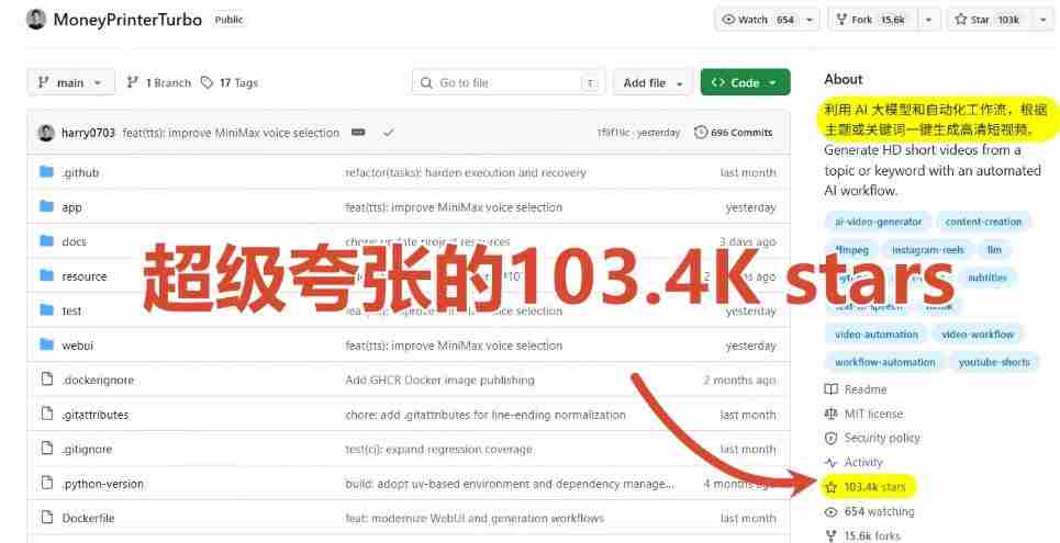 Github上103.4k stars项目！AI自动生成短视频工具，输入主题即可生成文案配音字幕MoneyPrinterTurbo