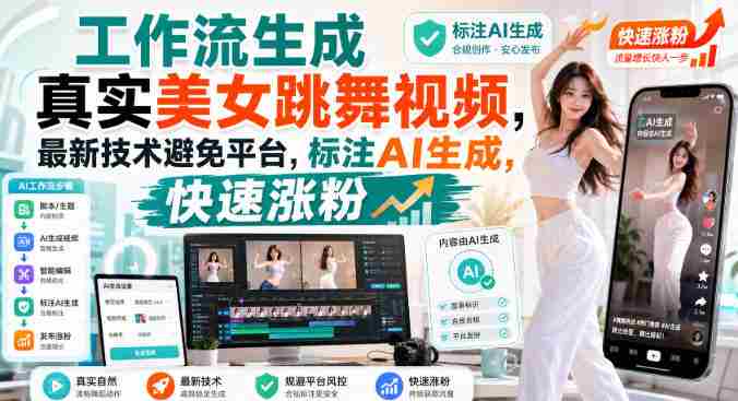 工作流生成真实美女跳舞视频，最新技术避免平台，标注AI生成，快速涨粉-中创网,冒泡网,福缘网创业项目大全-创安网