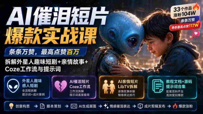 (20038期)AI催泪短片爆款实战课:条条万赞,最高点赞百万,拆解外星人趣味短剧+亲情故事+Coze工作流与提示词-中创网,冒泡网,福缘网创业项目大全-创安网