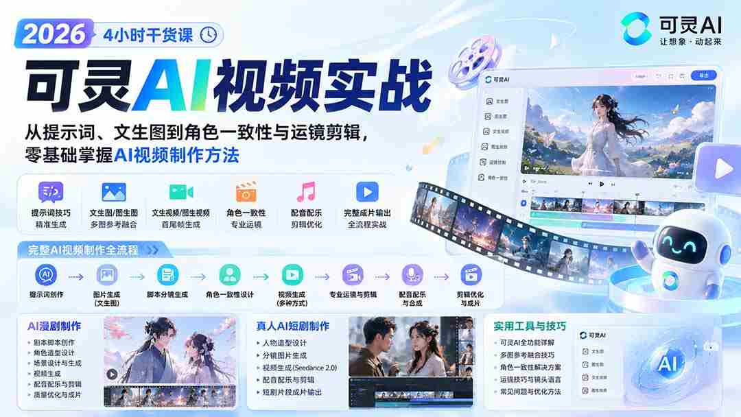 （20136期）2026可灵AI视频实战-4小时干货课：从提示词、文生图到角色一致性与运镜剪辑，零基础掌握AI视频制作方法