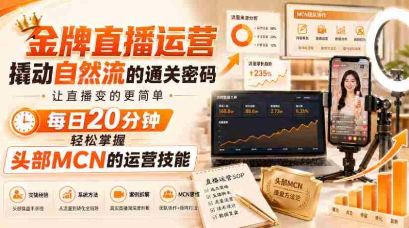 金牌直播运营撬动自然流的通关密码，让直播变的更简单，每日20分钟，轻松掌握头部MCN的运营技能-中创网,冒泡网,福缘网创业项目大全-创安网