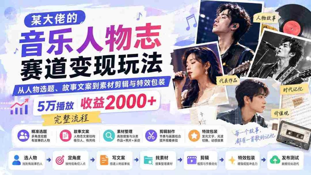 （20121期）某大佬的音乐人物志赛道变现玩法：从人物选题、故事文案到素材剪辑与特效包装，5万播放收益2000+完整流程