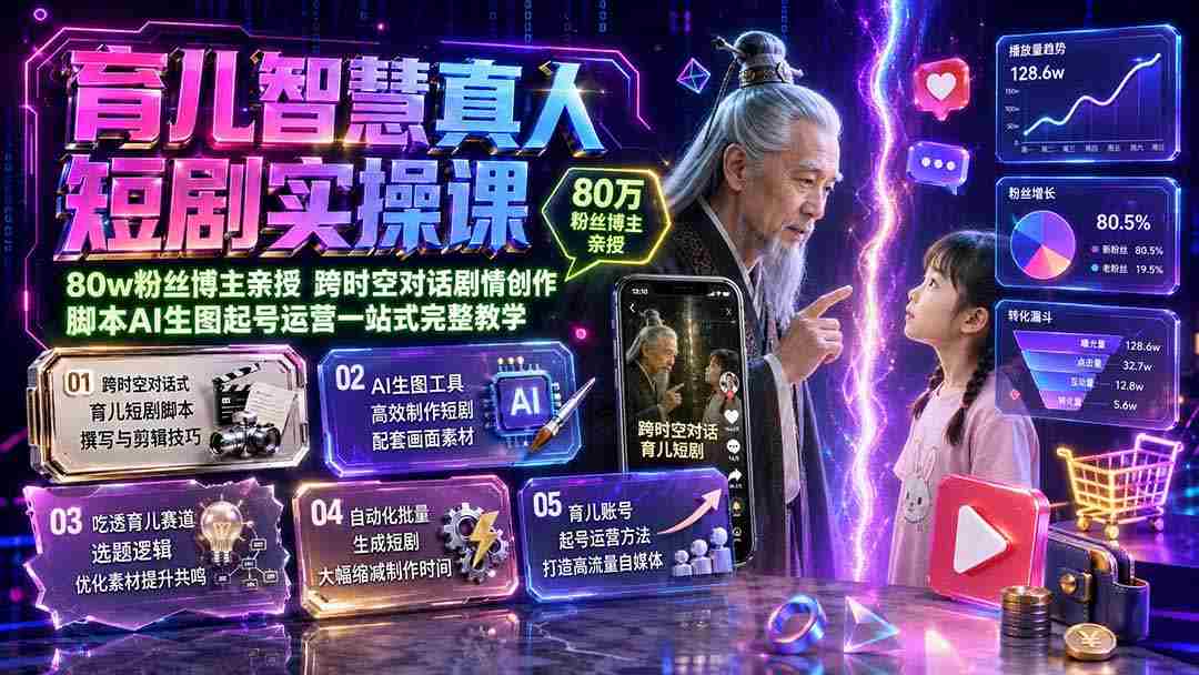 （19663期）育儿智慧真人短剧实操课｜80w粉丝博主亲授，跨时空对话剧情创作，脚本AI生图起号运营一站式完整教学