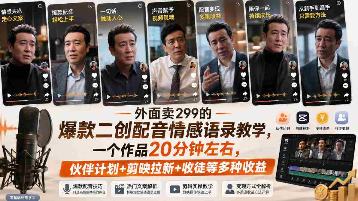 外面卖299的爆款二创配音情感语录教学，一个作品20分钟左右，伙伴计划+剪映拉新+收徒等多种收益