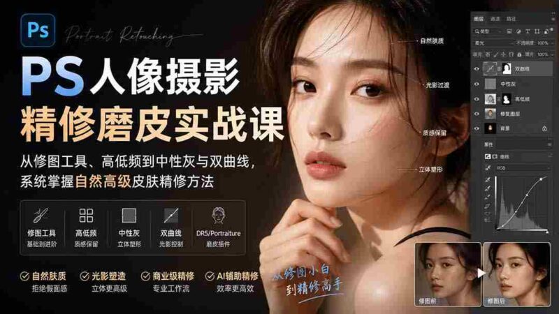 (20061期)PS人像摄影精修磨皮实战课:从修图工具、高低频到中性灰与双曲线,系统掌握自然高级皮肤精修方法-中创网,冒泡网,福缘网创业项目大全-创安网