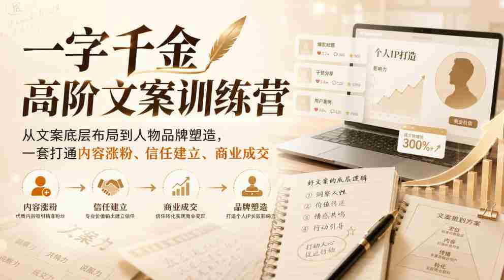 一字千金高阶文案训练营，从文案底层布局到人物品牌塑造，一套打通内容涨粉、信任建立、商业成交