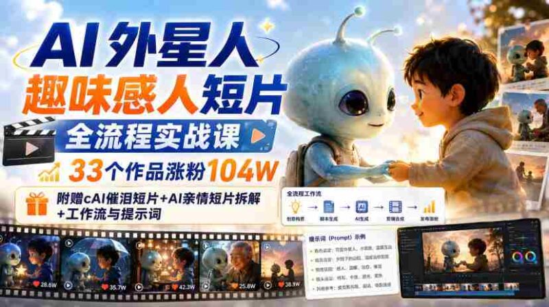 AI外星人趣味感人短片全流程实战课，33个作品涨粉104W，附赠AI催泪短片+AI亲情短片拆解+工作流与提示词-中创网,冒泡网,福缘网创业项目大全-创安网