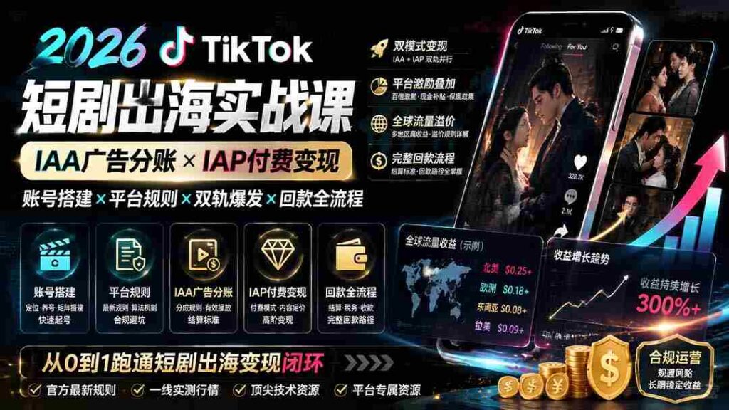 （19740期）2026TikTok短剧出海实战课：IAA广告分账×IAP付费变现×账号搭建×平台规则×双轨爆发×回款全流程