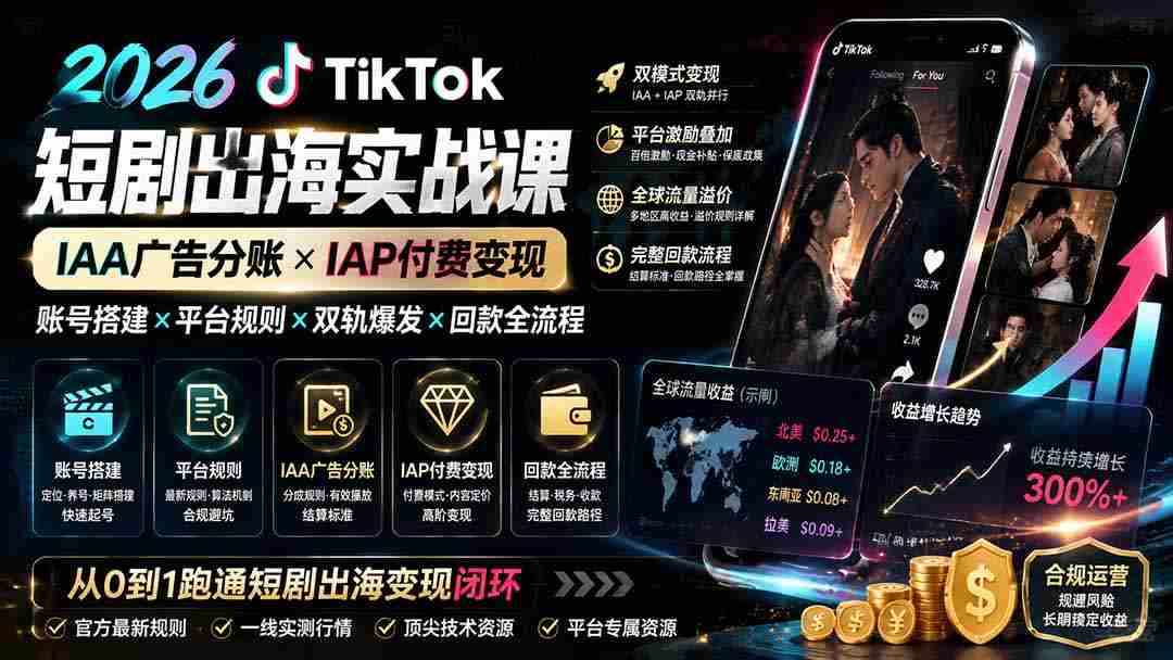 （19740期）2026TikTok短剧出海实战课：IAA广告分账×IAP付费变现×账号搭建×平台规则×双轨爆发×回款全流程