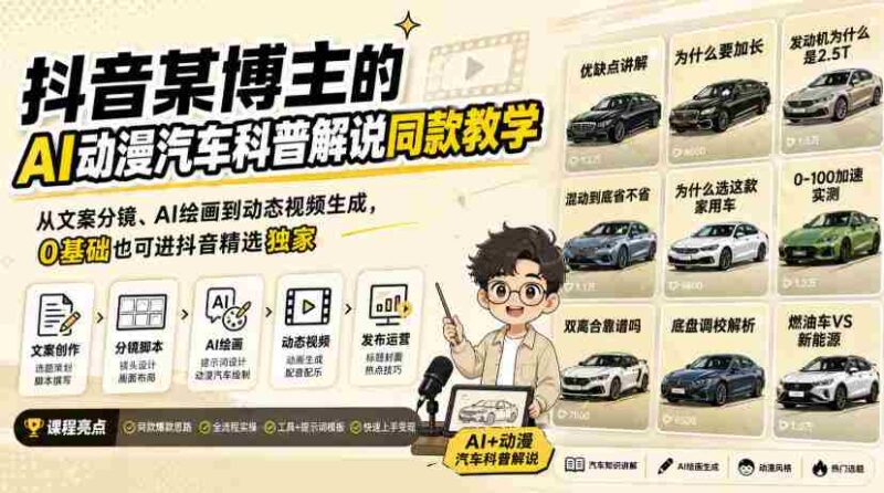 抖音某博主的AI动漫汽车科普解说同款教学，从文案分镜、AI绘画到动态视频生成，0基础解锁抖音精选独家收益-中创网,冒泡网,福缘网创业项目大全-创安网
