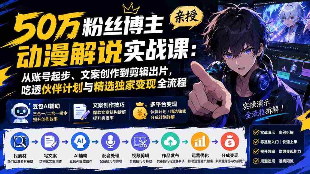（20144期）50万粉丝博主亲授动漫解说实战课：从账号起步、文案创作到剪辑出片，吃透伙伴计划与精选独家变现全流程