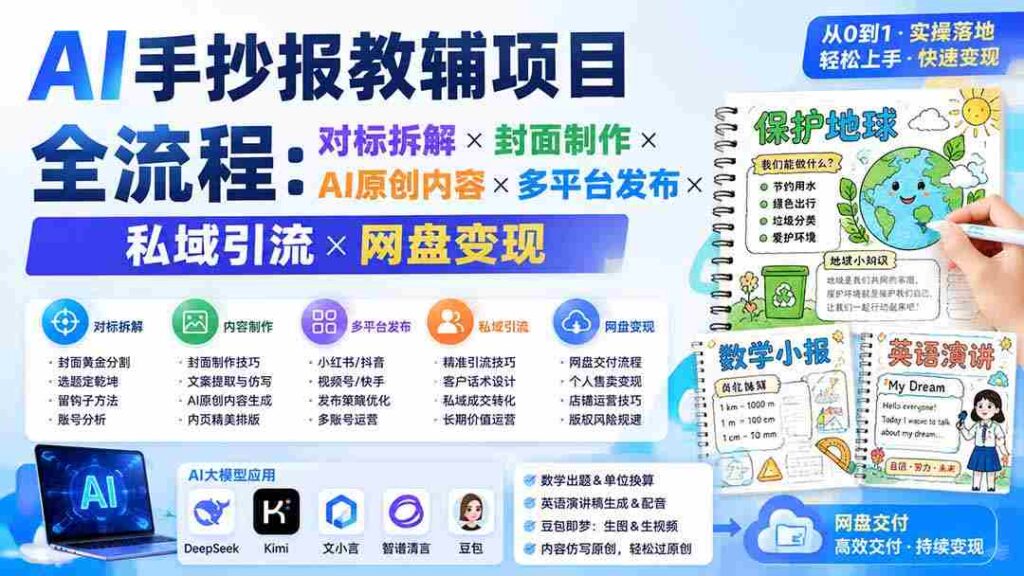 （19785期）AI手抄报教辅项目全流程：对标拆解×封面制作×AI原创内容×多平台发布×私域引流×网盘变现