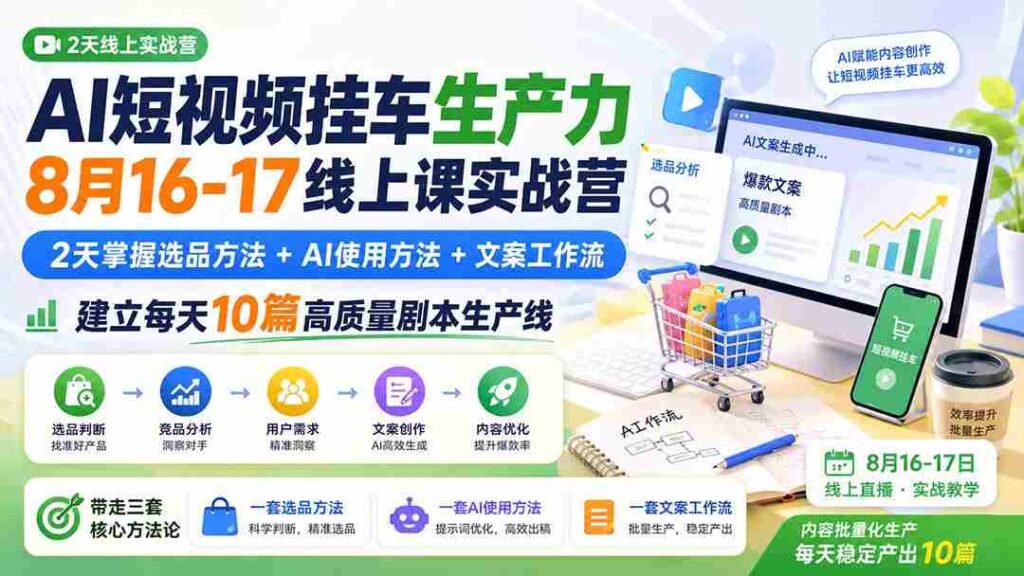 （20174期）AI短视频挂车生产力8月16-17线上课实战营：2天掌握选品方法+AI使用方法+文案工作流，建立每天10篇高质量剧本生产线