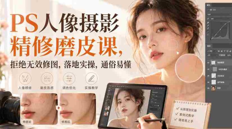 PS人像摄影精修磨皮课，拒绝无效修图，落地实操，通俗易懂-中创网,冒泡网,福缘网创业项目大全-创安网
