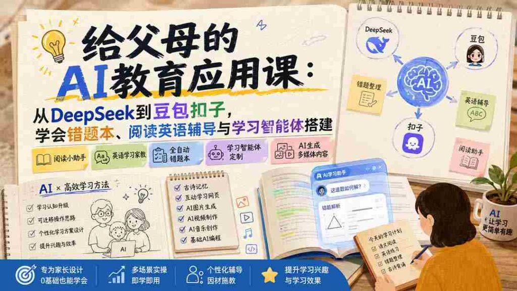 （19890期）给父母的AI教育应用课：从DeepSeek到豆包扣子，学会错题本、阅读英语辅导与学习智能体搭建