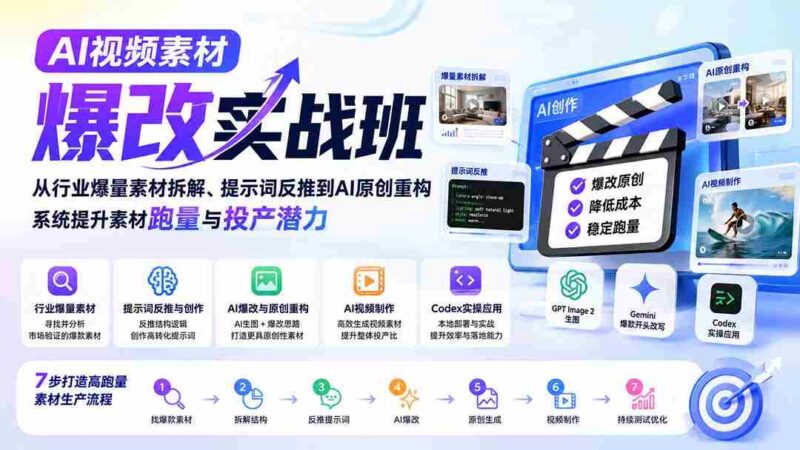 (20110期)AI视频素材爆改实战班-更新8月:从行业爆量素材拆解、提示词反推到AI原创重构,系统提升素材跑量与投产潜力-中创网,冒泡网,福缘网创业项目大全-创安网