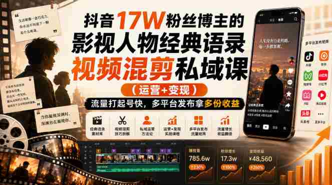 抖音17W粉丝博主的影视人物经典语录视频混剪私域课（运营+变现)，流量大起号快，多平台发布拿多份收益-中创网,冒泡网,福缘网创业项目大全-创安网