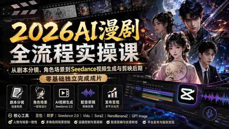 (20042期)2026AI漫剧全流程实操课:从剧本分镜、角色场景到Seedance视频生成与剪映后期,零基础独立完成成片-中创网,冒泡网,福缘网创业项目大全-创安网