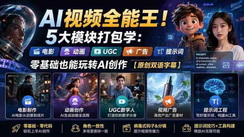 (20048期)AI视频全能王!5大模块打包学:电影、动画、UGC、广告、提示词,零基础也能玩转AI创作【原创双语字幕】-中创网,冒泡网,福缘网创业项目大全-创安网