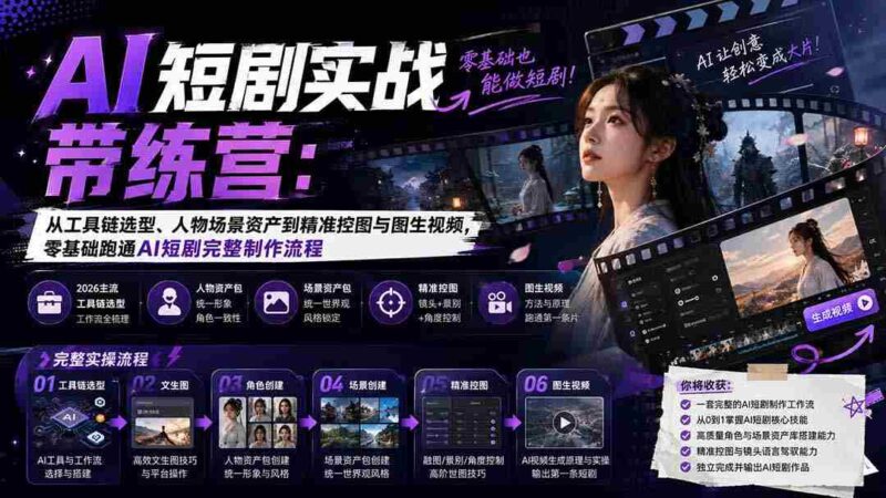 （20064期）AI短剧实战训练营：从工具链选型、人物场景资产到精准控图与图生视频，零基础跑通AI短剧完整制作流程-中创网,冒泡网,福缘网创业项目大全-创安网