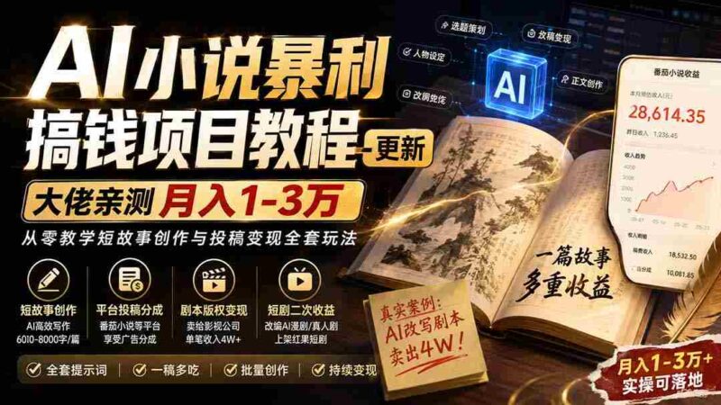 (20044期)AI小说暴利搞钱项目教程-更新,大佬亲测月入1-3万,从零教学短故事创作与投稿变现全套玩法-中创网,冒泡网,福缘网创业项目大全-创安网