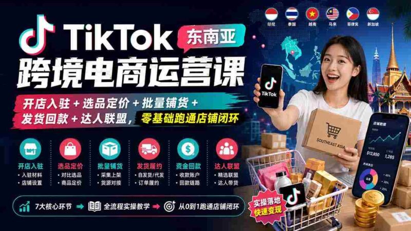 (20059期)TikTok东南亚跨境电商运营课:开店入驻+选品定价+批量铺货+发货回款+达人联盟,零基础跑通店铺闭环-中创网,冒泡网,福缘网创业项目大全-创安网