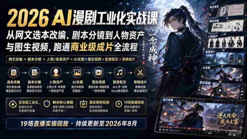 （20068期）2026 AI漫剧工业化实战课-更新：从网文选本改编、剧本分镜到人物资产与图生视频，跑通商业级成片全流程-中创网,冒泡网,福缘网创业项目大全-创安网