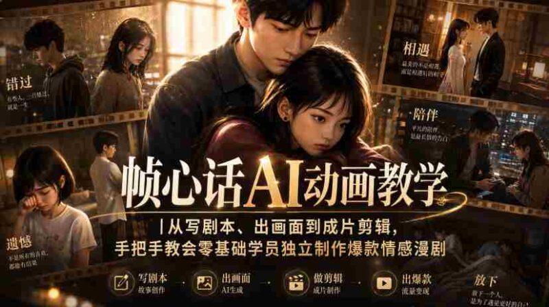 帧心话AI动画教学｜从写剧本、出画面到成片剪辑，手把手教会零基础学员独立制作爆款情感漫剧-中创网,冒泡网,福缘网创业项目大全-创安网