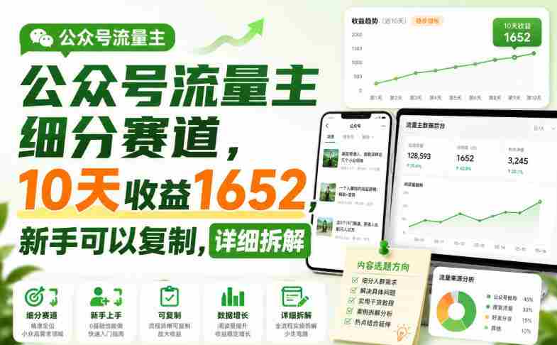 公众号流量主细分赛道，10天收益1652，新手可以复制，详细拆解-中创网,冒泡网,福缘网创业项目大全-创安网
