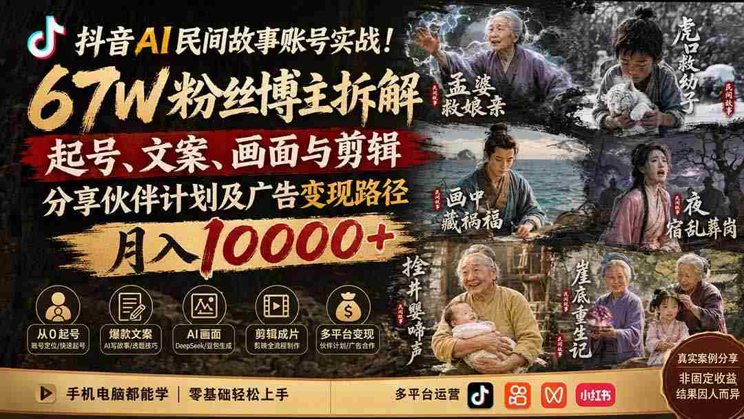 （19738期）抖音AI民间故事账号实战！67W粉丝博主拆解起号、文案、画面与剪辑，分享伙伴计划及广告变现路径，月入10000+