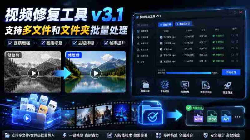 视频修复工具v3.1，支持多文件和文件夹批量处理-中创网,冒泡网,福缘网创业项目大全-创安网