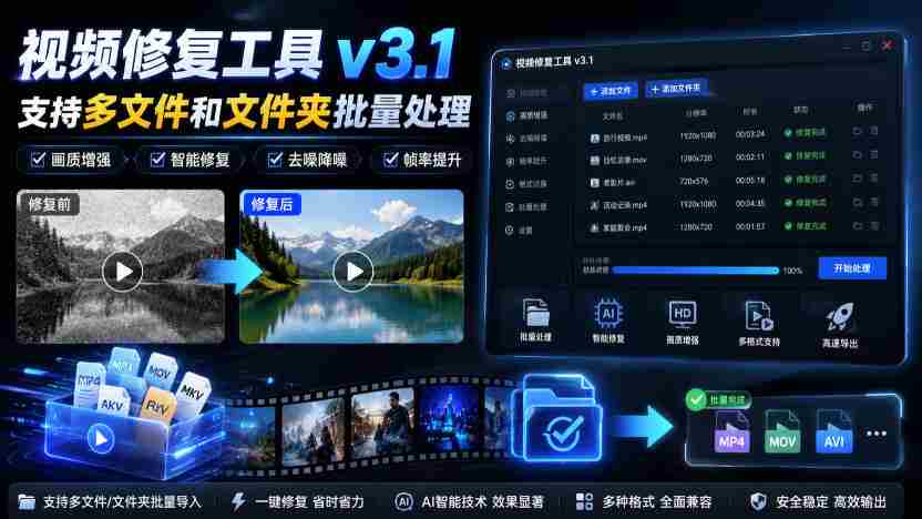 视频修复工具v3.1，支持多文件和文件夹批量处理