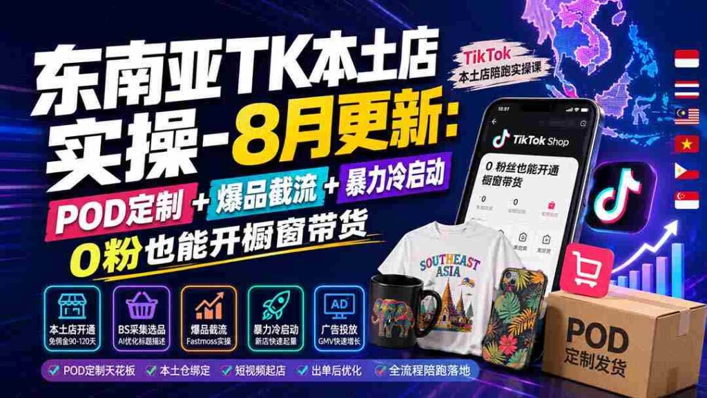 （19963期）东南亚TK本土店实操-8月更新：POD定制+爆品截流+暴力冷启动，0粉也能开橱窗带货