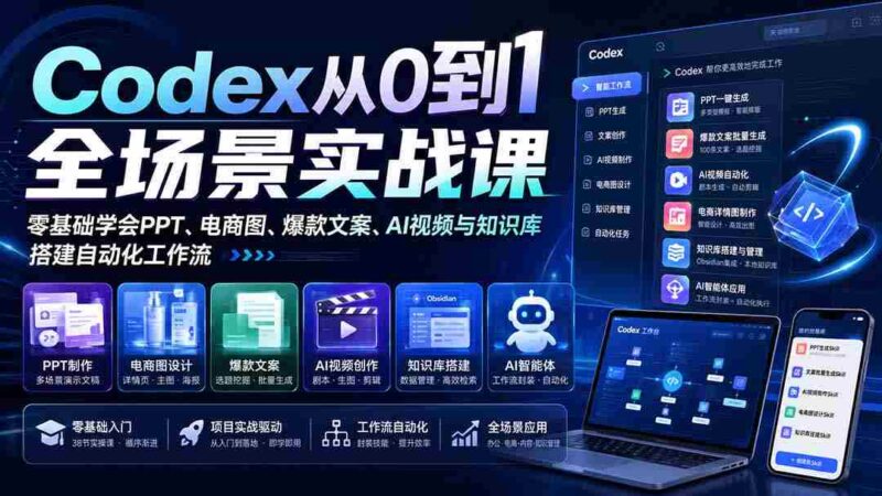 (20041期)Codex从0到1全场景实战课:零基础学会PPT、电商图、爆款文案、AI视频与知识库,搭建自动化工作流-中创网,冒泡网,福缘网创业项目大全-创安网