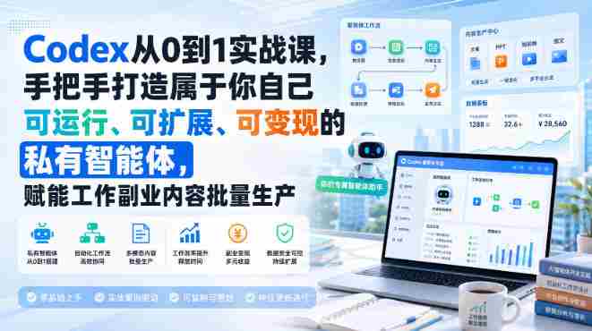 Codex从0到1实战课，手把手打造属于你自己可运行、可扩展、可变现的私有智能体，赋能工作副业内容批量生产-中创网,冒泡网,福缘网创业项目大全-创安网