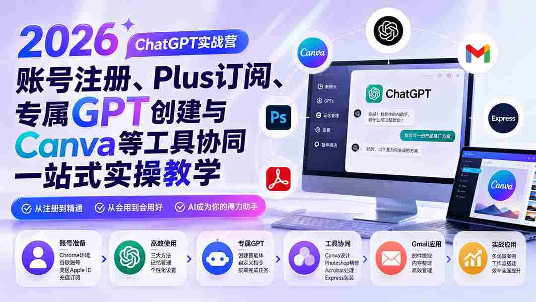 （19924期）2026 ChatGPT实战营；账号注册、Plus订阅、专属GPT创建与Canva等工具协同一站式实操教学