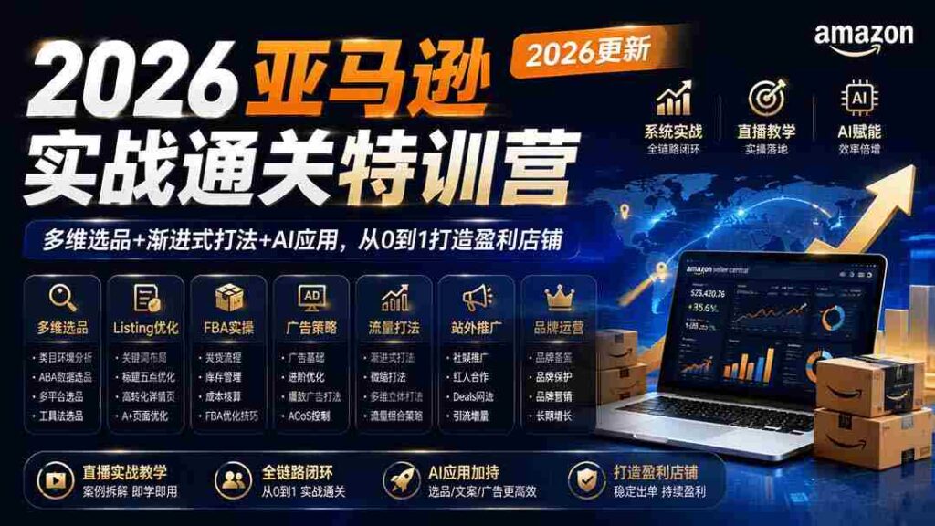 （19768期）2026亚马逊实战通关特训营-2026更新，多维选品+渐进式打法+AI应用，从0到1打造盈利店铺